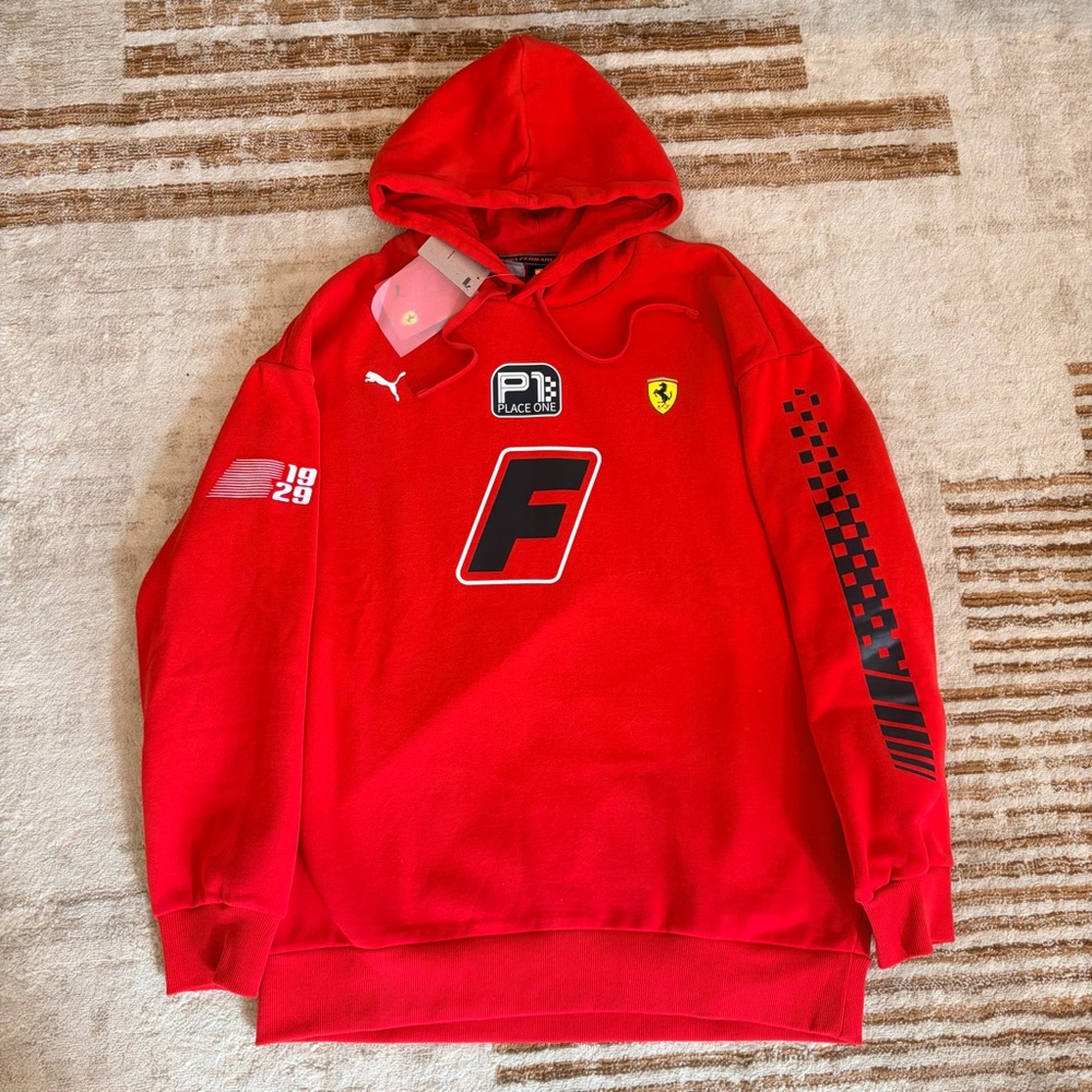 Puma Ferrari Red Pullover Hoodie with Black Racing Graphics